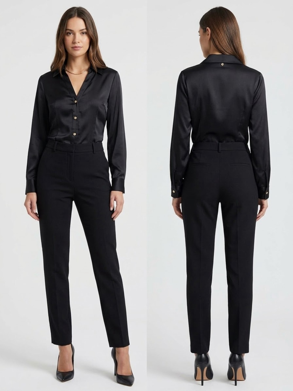 Michael Kors Black Satin Button-Front Blouse with Tailored Black Trousers